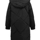 Back view of black hooded puffer coat for women
