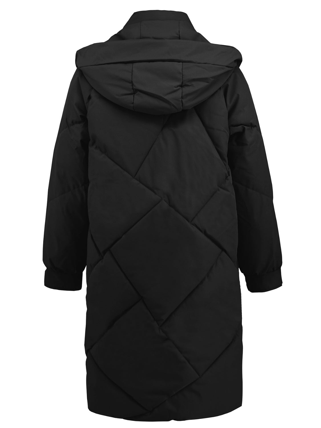 Back view of black hooded puffer coat for women
