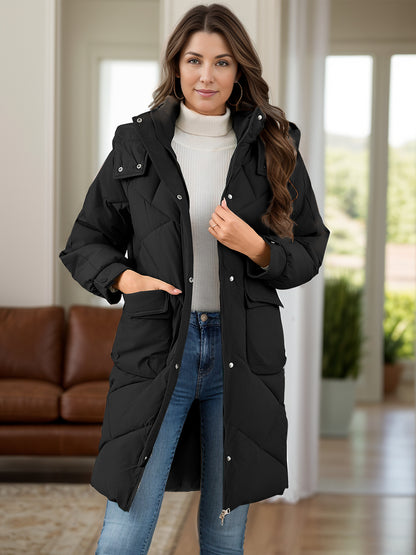 Front view of black quilted hooded puffer coat with pockets
