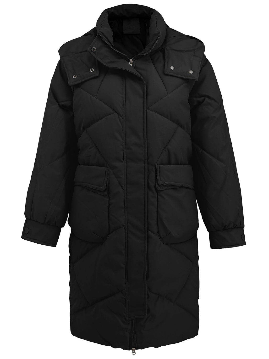 Closeup of front pocket on black quilted puffer coat
