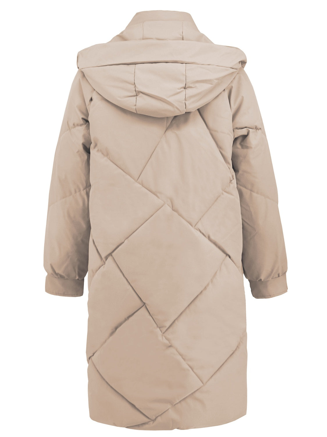 Back view of khaki hooded puffer coat for women
