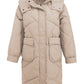 Hood detail on khaki quilted puffer coat with stylish design
