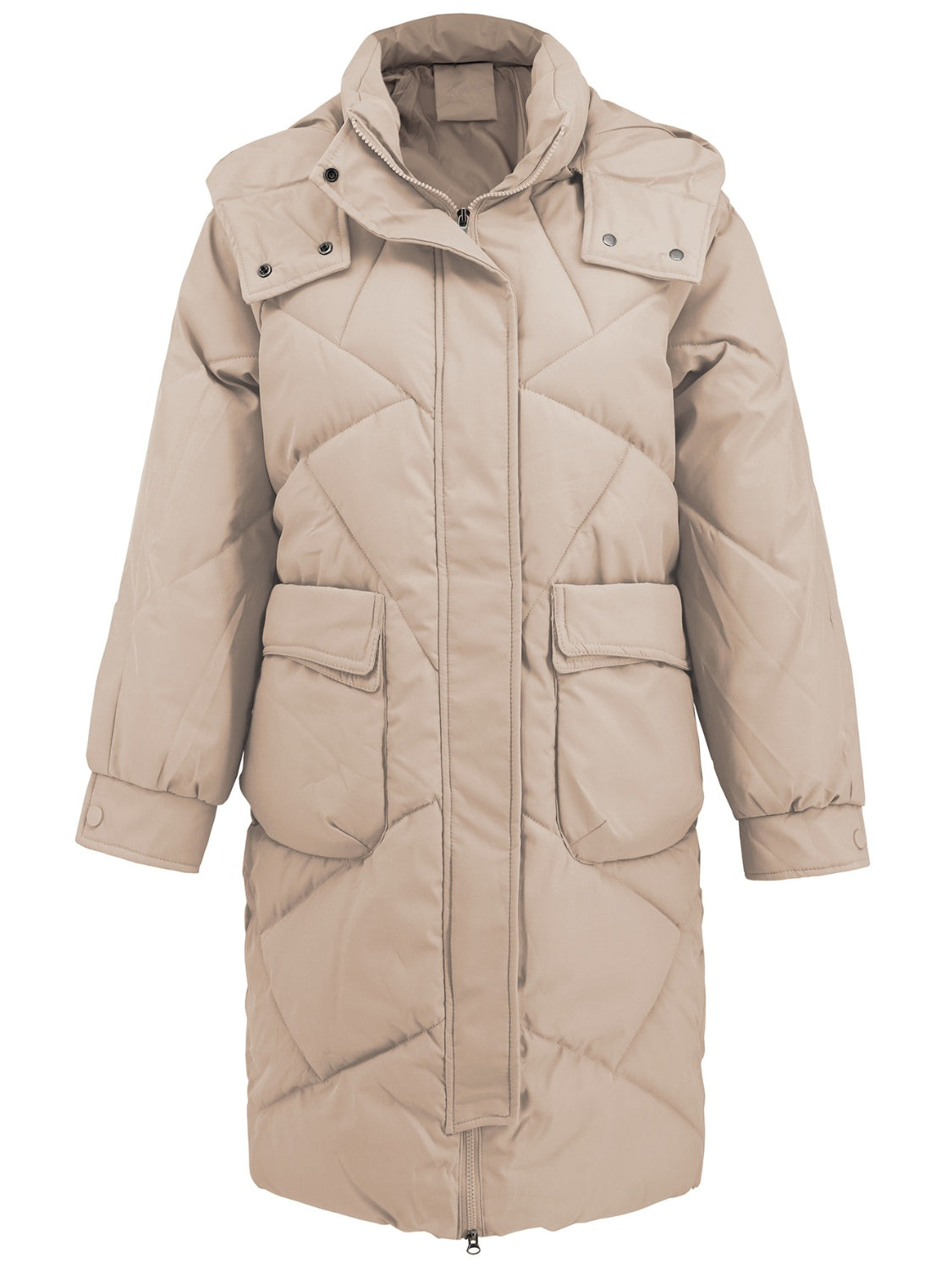 Hood detail on khaki quilted puffer coat with stylish design
