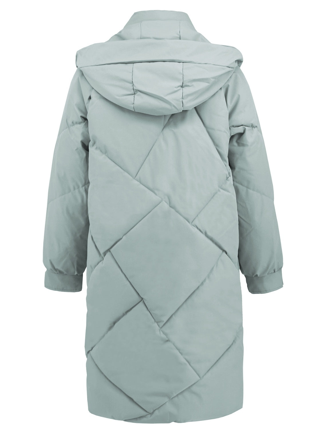 Back view of sage green hooded puffer coat for women
