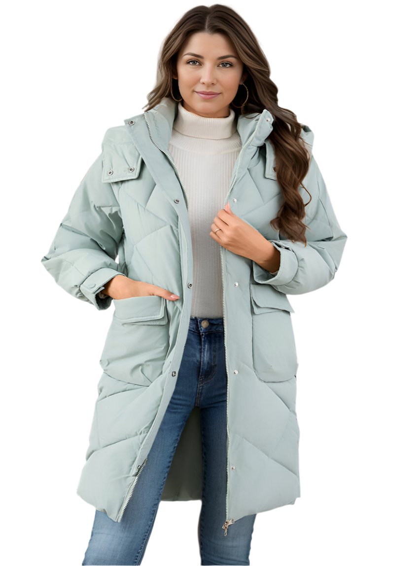 Front view of sage quilted hooded puffer coat with pockets
