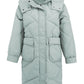 Hood detail on sage quilted puffer coat with stylish design
