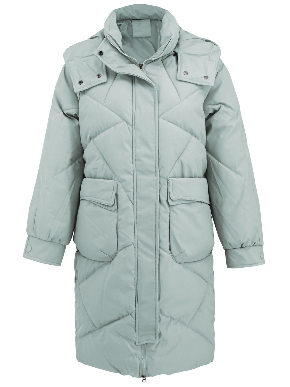 Hood detail on sage quilted puffer coat with stylish design
