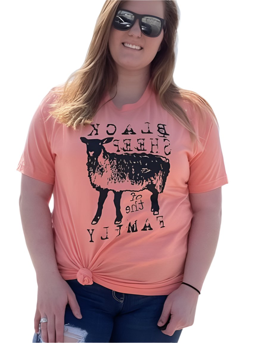 Coral graphic t-shirt with "Black Sheep of the Family" message and distressed lettering