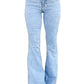 Front view of raw hem high waist bootcut jeans in light wash.
