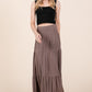 Soft rayon maxi skirt with tiered design in brown.
