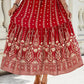 Tiered red skirt with a boho print and flowing silhouette.