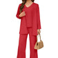 Red 3-piece women's pant suit with a V-neck top, wide-leg pants, and open-front jacket
