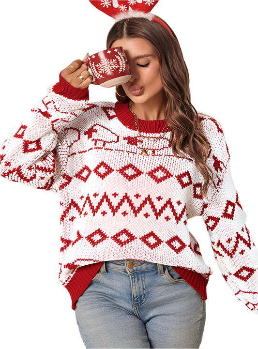 Front view of a red and white geometric knit sweater, perfect for cozy autumn and winter wear.