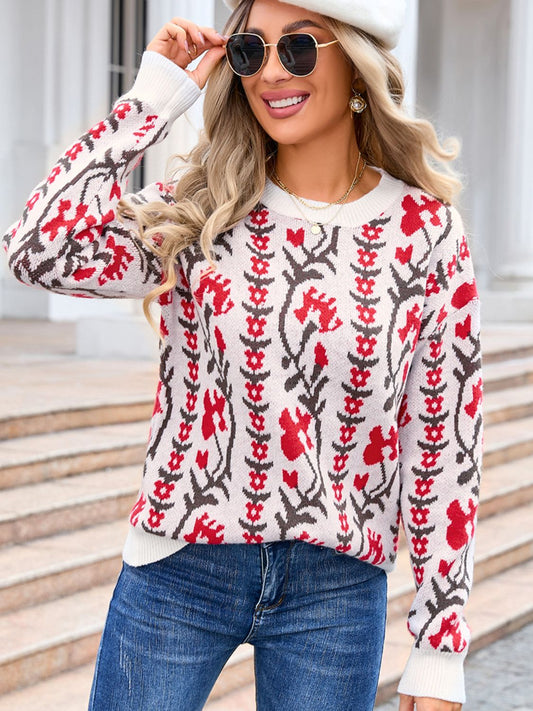 Cozy red Angel Wings floral knit sweater styled with blue jeans