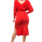 Back view of a red bodycon sweater dress with long sleeves and a belted waist.
