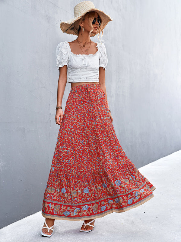 Red bohemian high-waisted skirt with a flattering and elegant fit.
