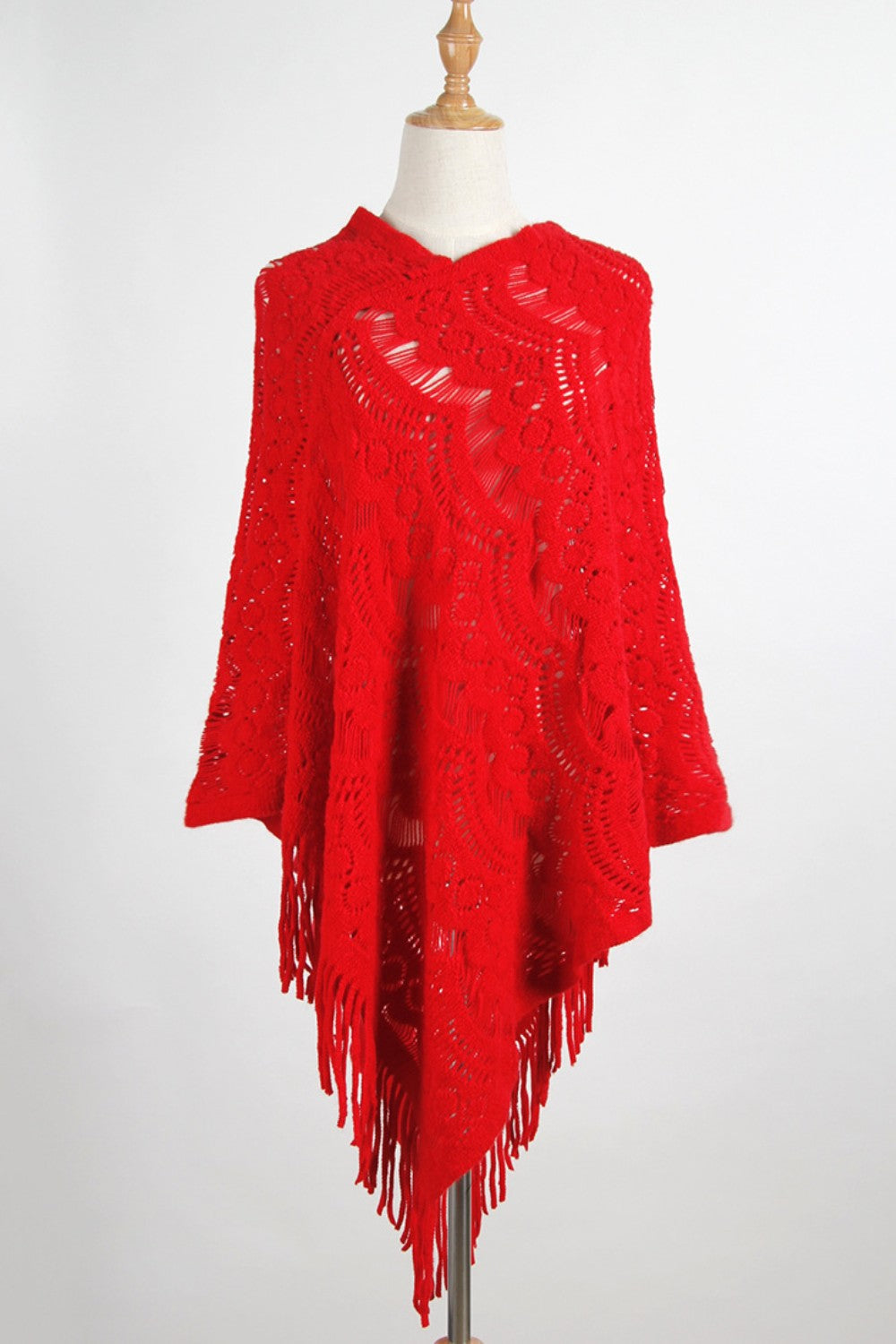 Red knit boho poncho sweater, featuring soft fringe
