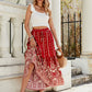 Rayon red boho maxi skirt with lightweight and breathable fabric.