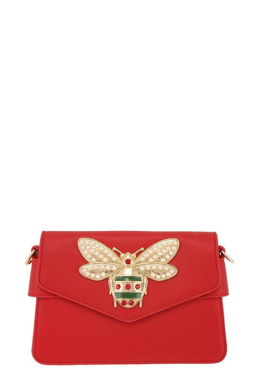 Vibrant red crossbody bag with intricate bee embellishment for added charm.
