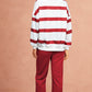 Women’s red striped jogger set with pullover and elastic waist pants
