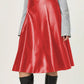 Red faux leather A-line skirt featuring a flattering, high-waisted design.
