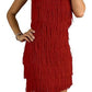 Front view of a red fringe mini dress with adjustable straps, perfect for a fun night out.
