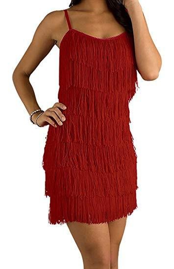 Front view of a red fringe mini dress with adjustable straps, perfect for a fun night out.
