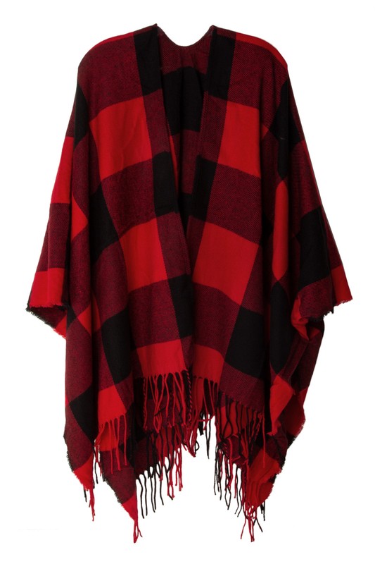 Classic red plaid poncho styled for casual comfort
