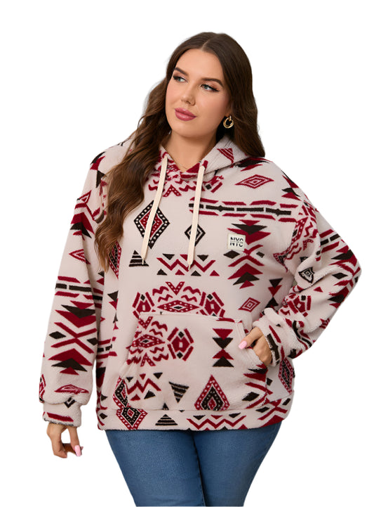 Front view of red geometric print plush hoodie showcasing intricate patterns and soft texture.
