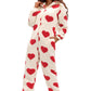 Red heart-print fleece jumpsuit with zip-front closure and hood
