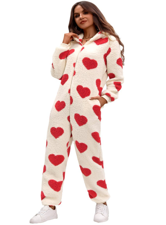 Red heart-print fleece jumpsuit with zip-front closure and hood
