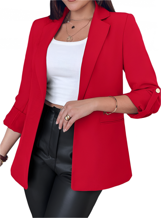 Front view of women’s lapel collar blazer in red
