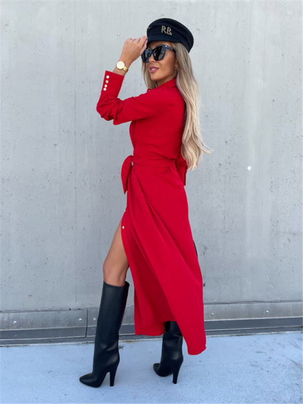 Long Sleeve Button-Up Belted Shirt Dress