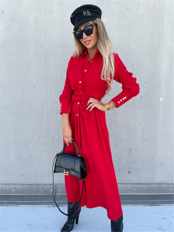 Long Sleeve Button-Up Belted Shirt Dress