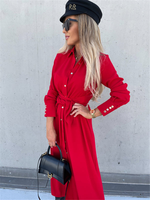 Long Sleeve Button-Up Belted Shirt Dress