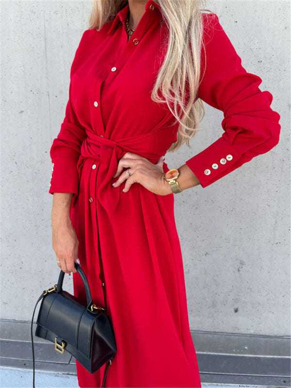 Long Sleeve Button-Up Belted Shirt Dress