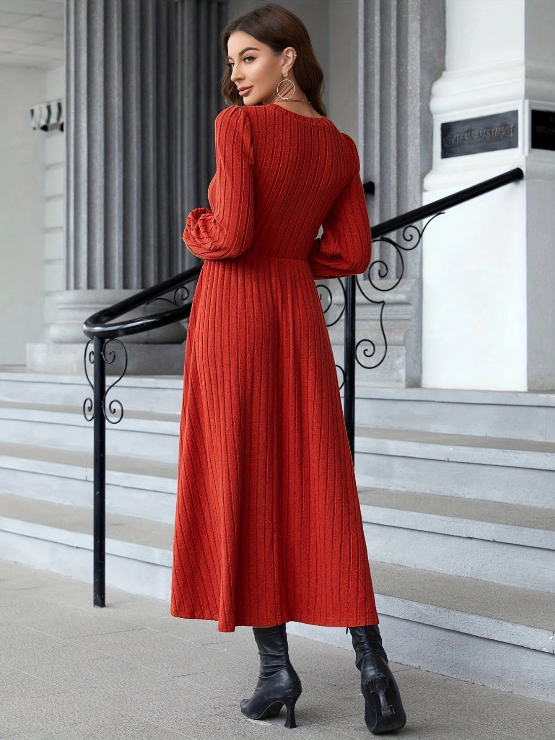 back view of red maxi dress in basic style
