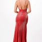 Back view of a red mermaid gown with a zipper closure and fitted design.
