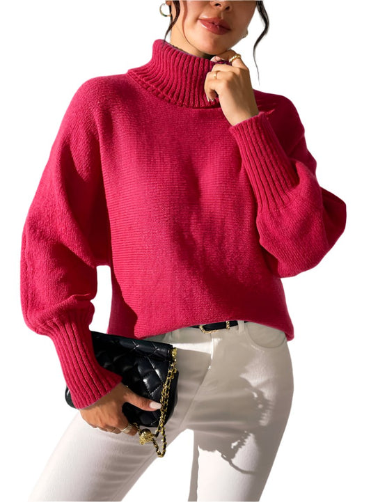 Red batwing sleeve turtleneck sweater for a chic winter outfit