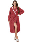 Red plush winter robe with contrast trim and belted waist.
