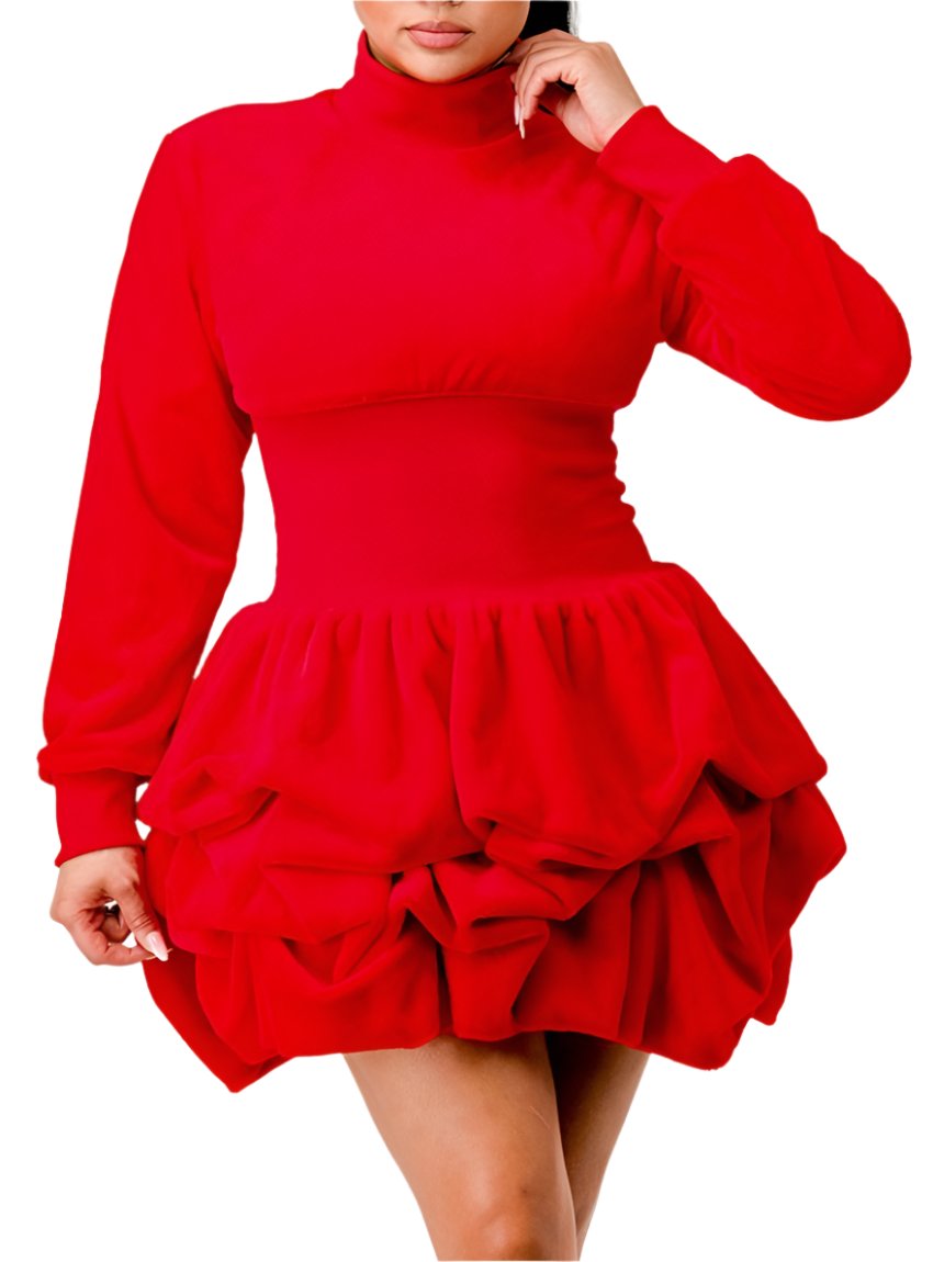 Front view of the red ruffle long sleeve dress with a mock neck and playful silhouette.
