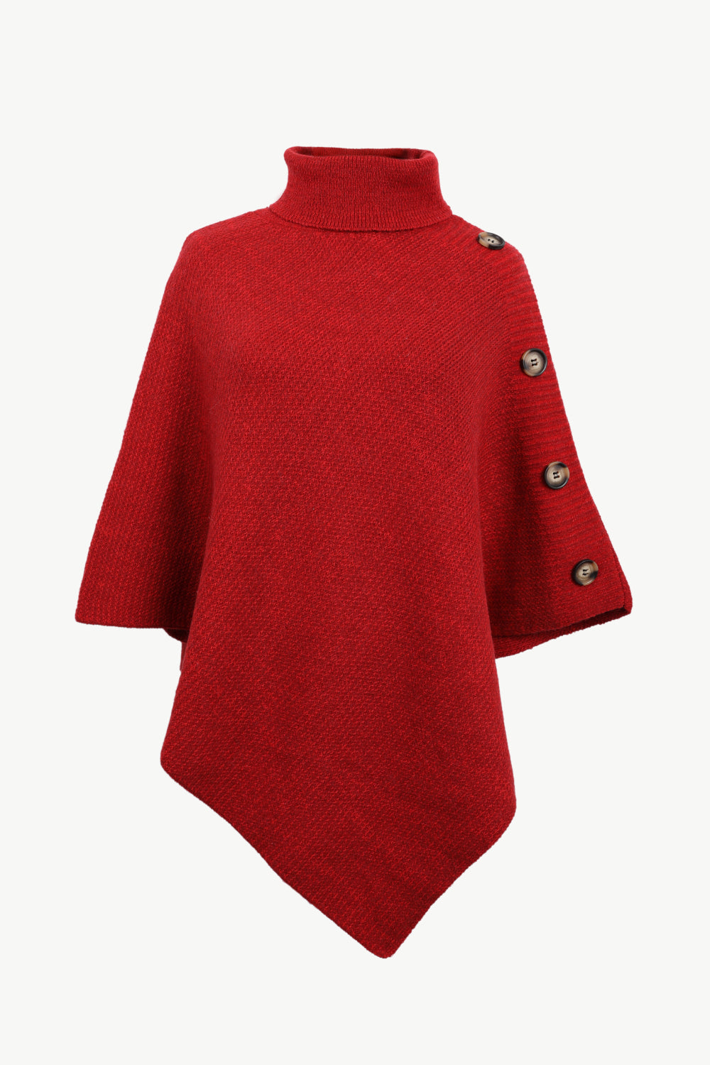 Red poncho with turtleneck and side button accents.
