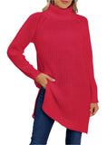 Woman wearing a cozy red turtleneck slit sweater.
