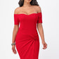 Chic red knee-length bodycon dress with twist-front detailing for a modern look.
