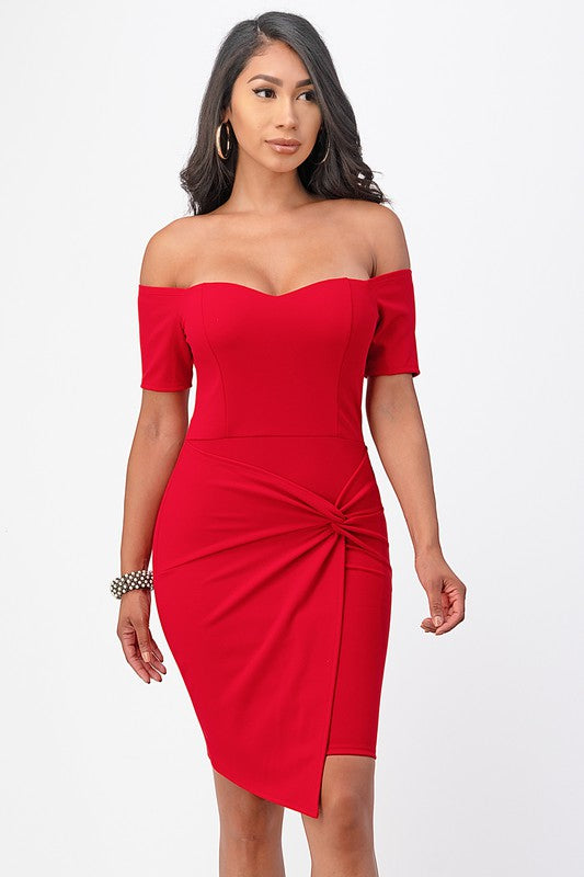 Chic red knee-length bodycon dress with twist-front detailing for a modern look.
