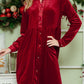 Red velvet holiday dress with a button-up front and long sleeves, front view
