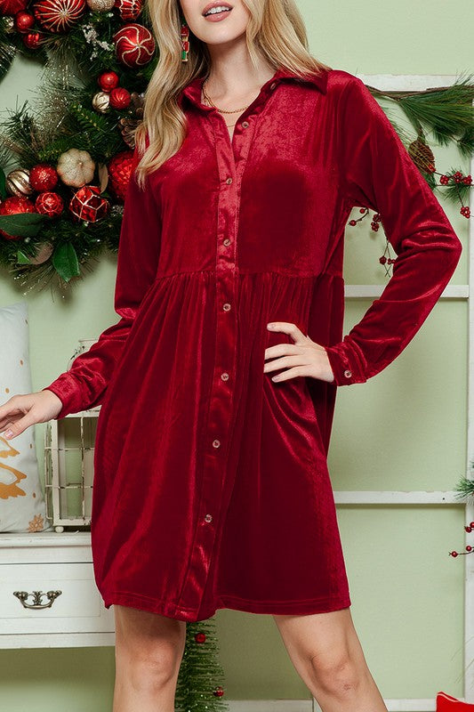 Red velvet holiday dress with a button-up front and long sleeves, front view
