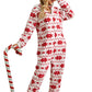 red and white half-zip hooded jumpsuit with snowflake pattern
