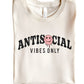 Humorous introvert shirt with "Antisocial Vibes Only" graphic