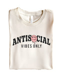 Humorous introvert shirt with "Antisocial Vibes Only" graphic